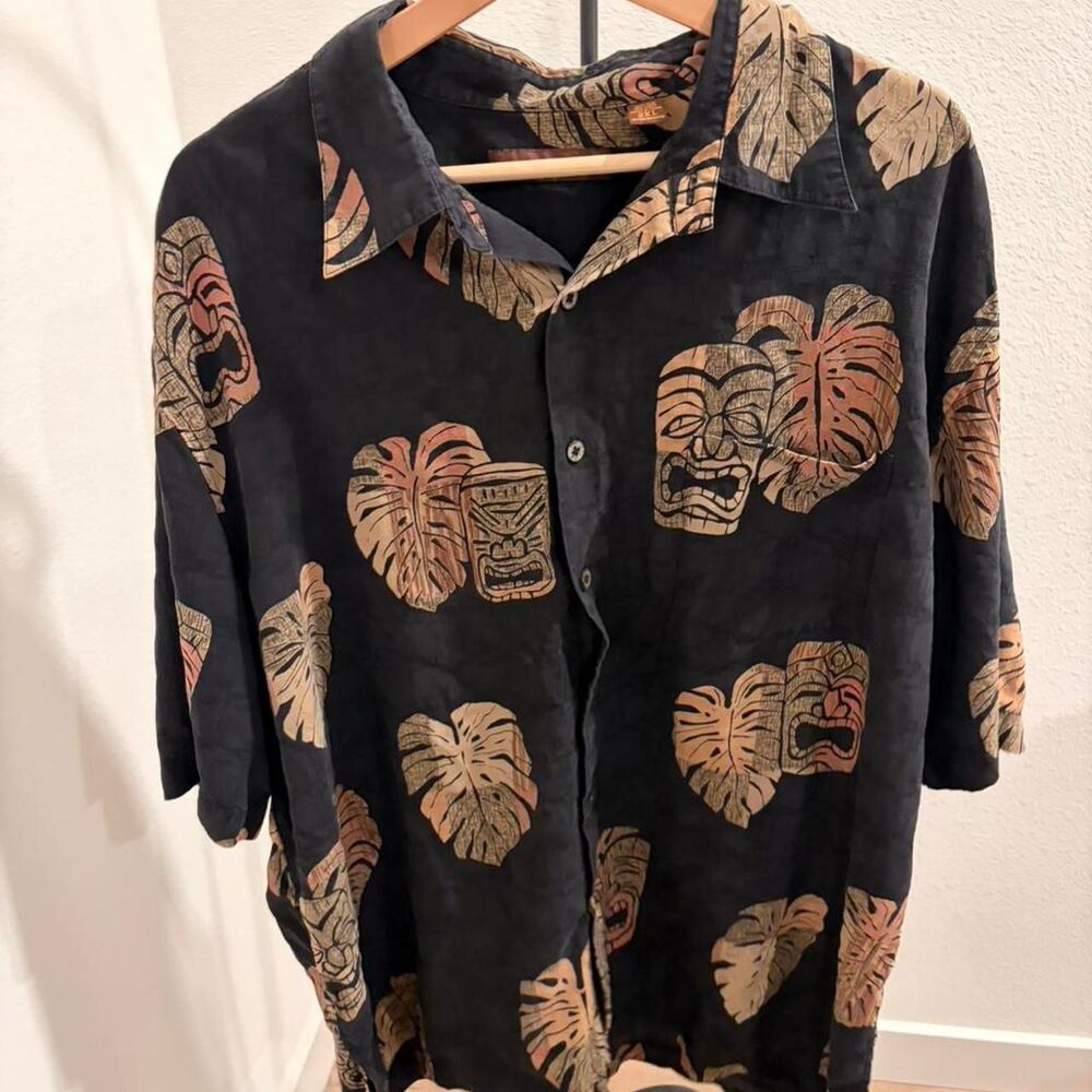 Tori Richard 100% Silk Hawaiian Shirt 2XL Black Tiki Monstera Tropical